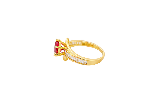 14KT Gold Ring Women's Round Red CZ Center Stone and Single Row White CZ Baguettes with "S" Band