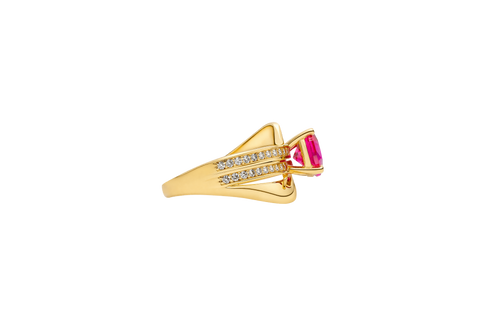 14KT Gold Ring Women's Round Dark Pink CZ Center Stone Double White CZ Stone Band with Plain "S" Ribbon