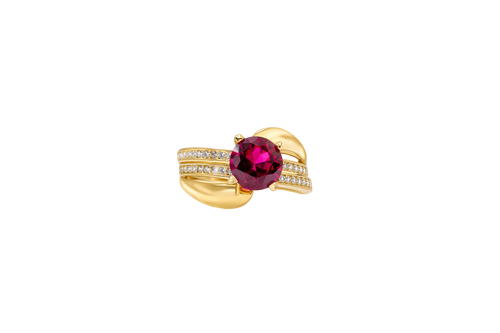 14KT Gold Ring Women's Round Dark Pink CZ Center Stone Double White CZ Stone Band with Plain "S" Ribbon