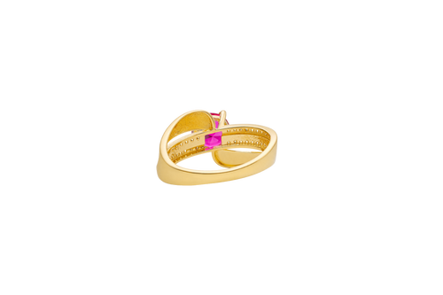 14KT Gold Ring Women's Round Dark Pink CZ Center Stone Double White CZ Stone Band with Plain "S" Ribbon