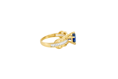 14KT Gold Ring Women's Round Navy Blue 6 Prong Center CZ Scallop Border Baguette Band