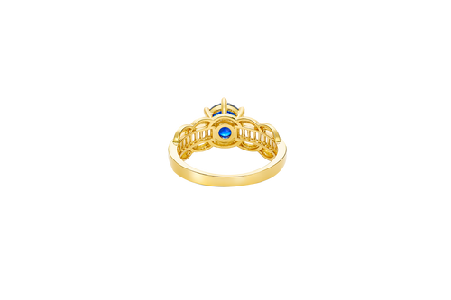 14KT Gold Ring Women's Round Navy Blue 6 Prong Center CZ Scallop Border Baguette Band