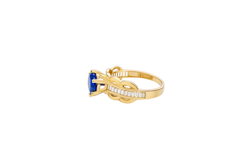 14KT Gold Ring Women's Round Navy Blue 6 Prong Center CZ Scallop Border Baguette Band