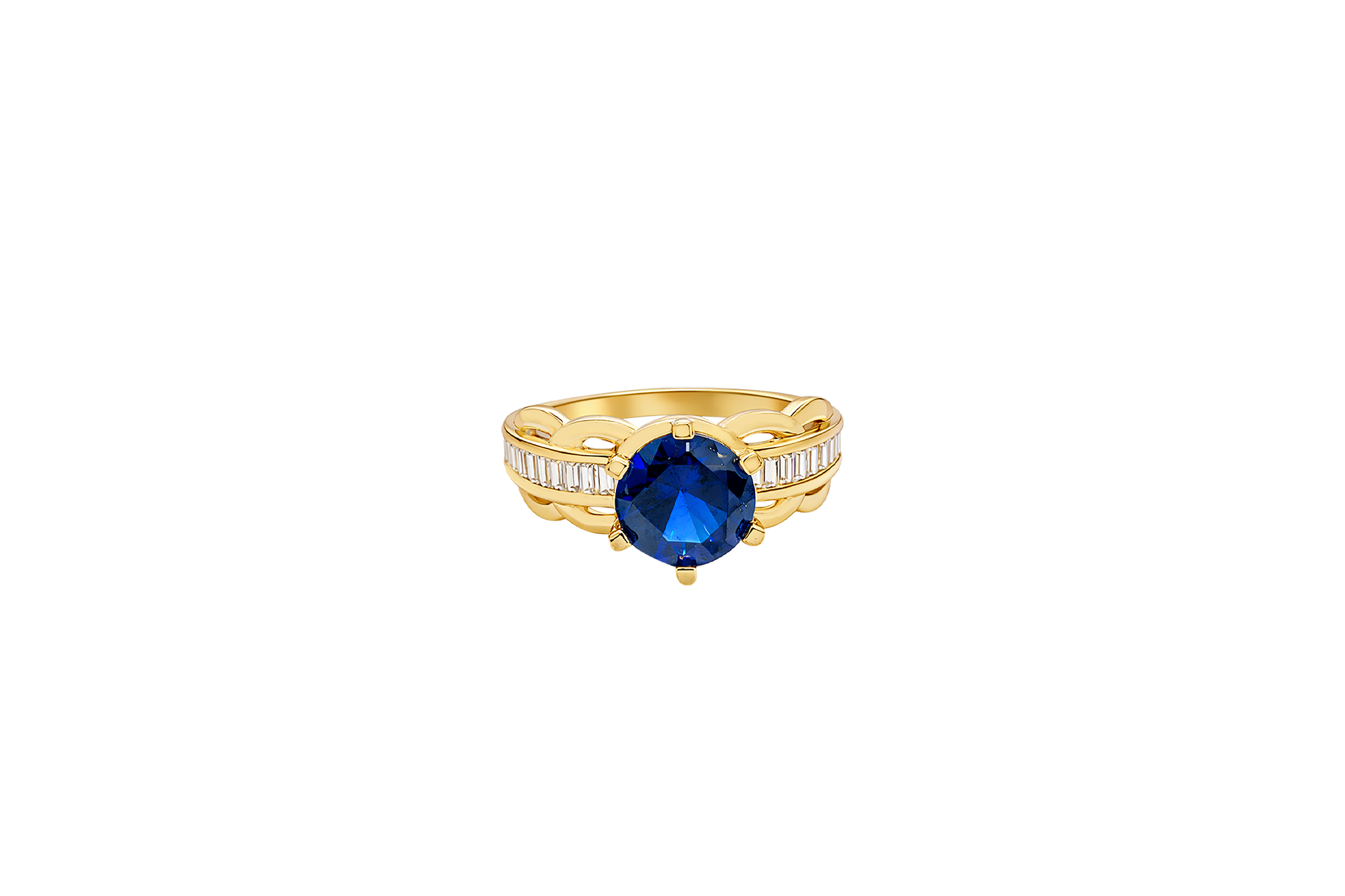 14KT Gold Ring Women's Round Navy Blue 6 Prong Center CZ Scallop Border Baguette Band