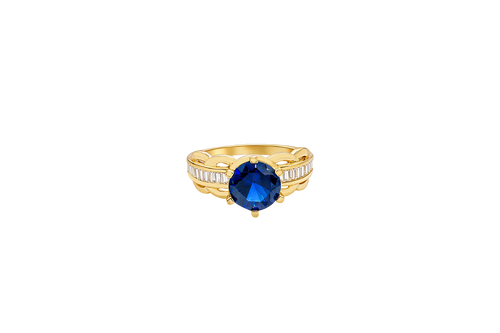 14KT Gold Ring Women's Round Navy Blue 6 Prong Center CZ Scallop Border Baguette Band