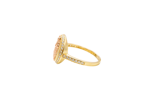 14KT Gold Ring Women's Two Tone  St. Jude Coin Center White CZ Stones Background Edge with White CZ Stone Band