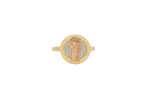 14KT Gold Ring Women's Two Tone  St. Jude Coin Center White CZ Stones Background Edge with White CZ Stone Band
