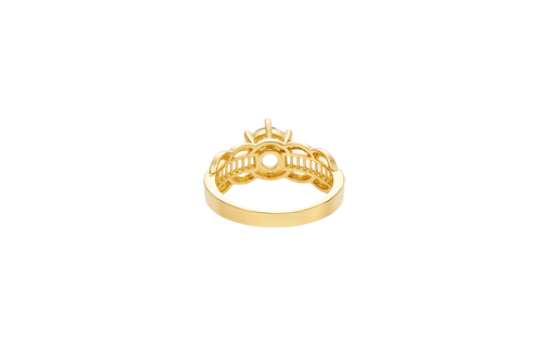 14KT Gold Ring Women's Round White 6 Prong Center CZ Scallop Border Baguette Band