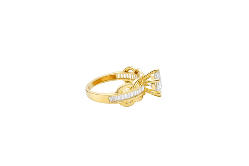 14KT Gold Ring Women's Round White 6 Prong Center CZ Scallop Border Baguette Band