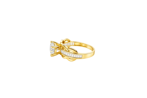 14KT Gold Ring Women's Round White 6 Prong Center CZ Scallop Border Baguette Band
