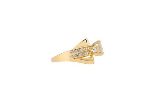14KT Gold Ring Women's Round White CZ Center Stone Double White CZ Stone Band with Plain "S" Ribbon