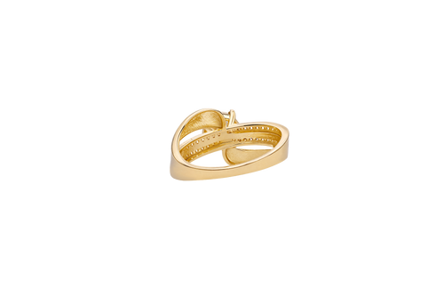 14KT Gold Ring Women's Round White CZ Center Stone Double White CZ Stone Band with Plain "S" Ribbon