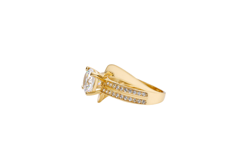 14KT Gold Ring Women's Round White CZ Center Stone Double White CZ Stone Band with Plain "S" Ribbon