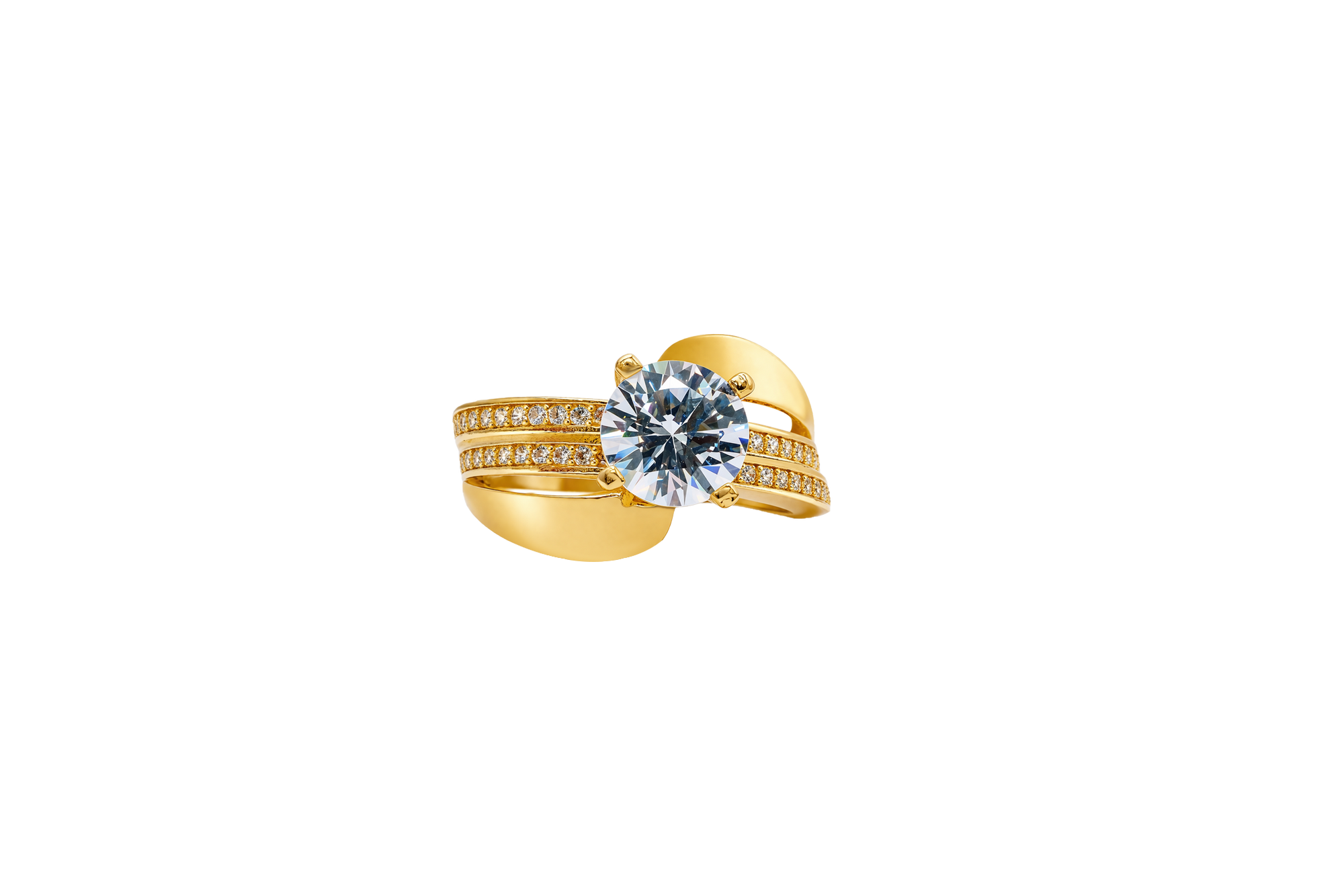 14KT Gold Ring Women's Round White CZ Center Stone Double White CZ Stone Band with Plain "S" Ribbon
