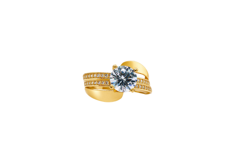 14KT Gold Ring Women's Round White CZ Center Stone Double White CZ Stone Band with Plain "S" Ribbon