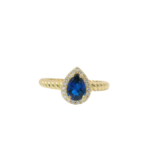 14KT Gold Ring Women's Navy Blue Pear Shape Center CZ Stone White CZ Stones Border Plain Rope Band