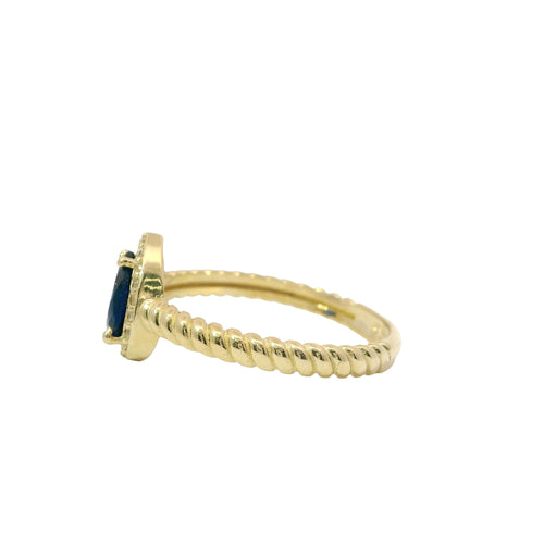 14KT Gold Ring Women's Navy Blue Pear Shape Center CZ Stone White CZ Stones Border Plain Rope Band