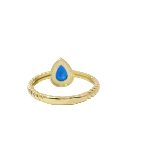 14KT Gold Ring Women's Navy Blue Pear Shape Center CZ Stone White CZ Stones Border Plain Rope Band