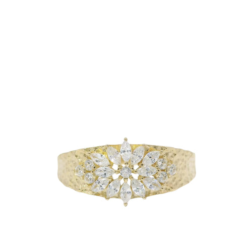 14KT Gold Ring Women's Light Weight White CZ Stone Snowflake Cluster with Nugget Band