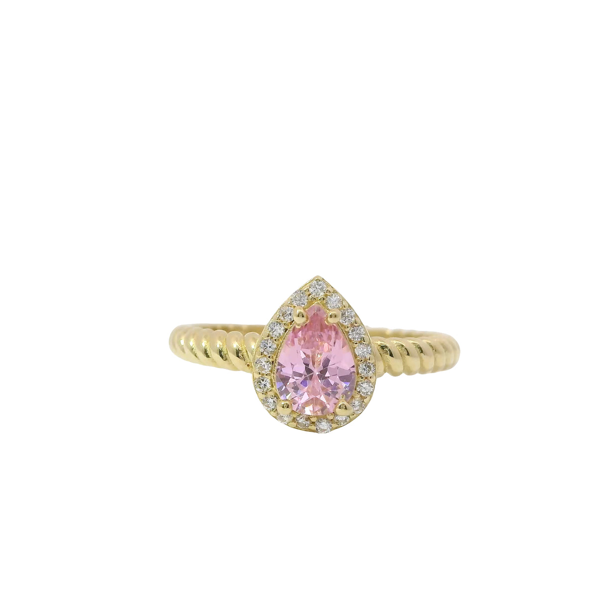 14KT Gold Ring Women's Pink Pear Shape Center CZ Stone White CZ Stones Border Plain Rope Band
