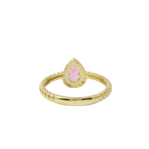 14KT Gold Ring Women's Pink Pear Shape Center CZ Stone White CZ Stones Border Plain Rope Band