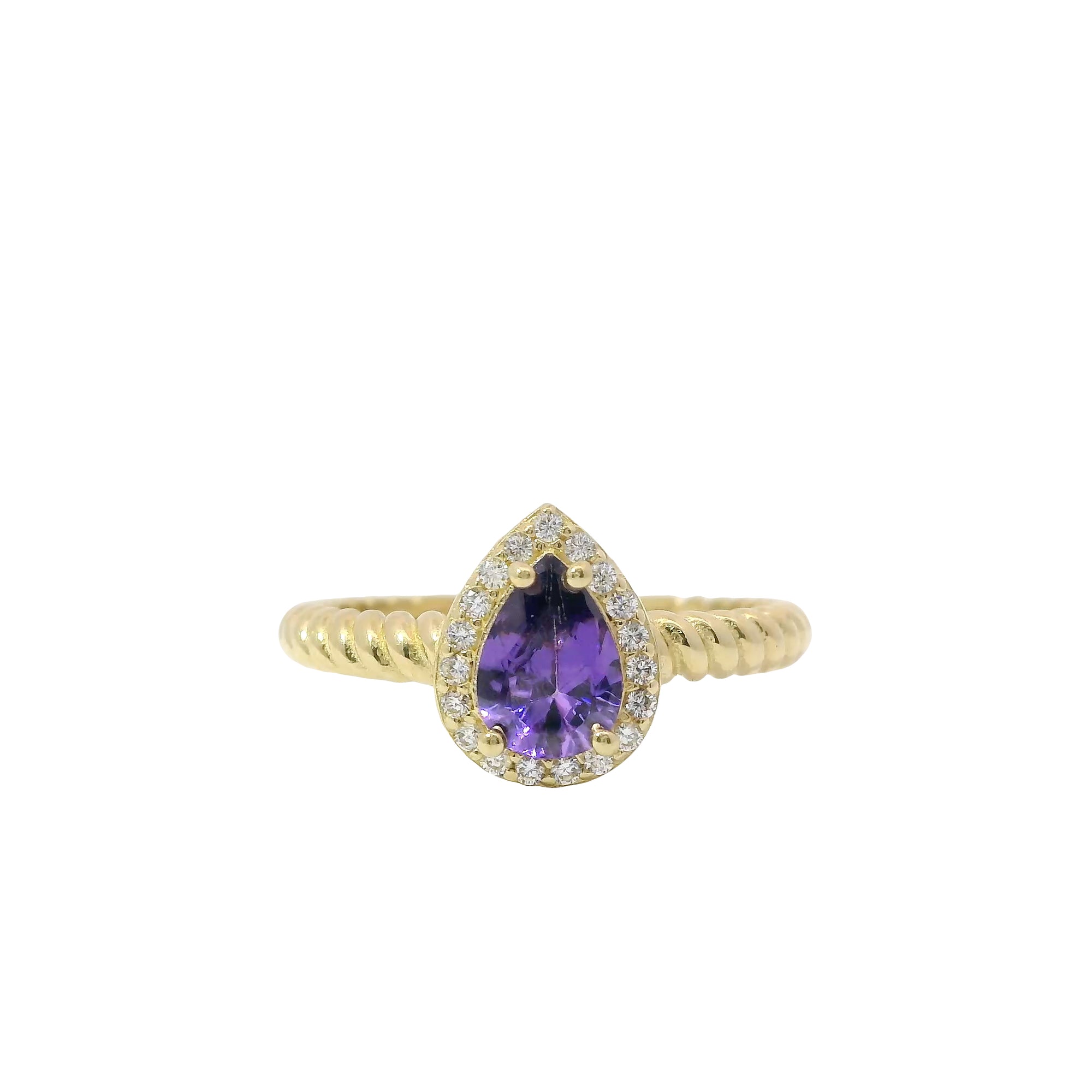 14KT Gold Ring Women's Purple Pear Shape Center CZ Stone White CZ Stones Border Plain Rope Band