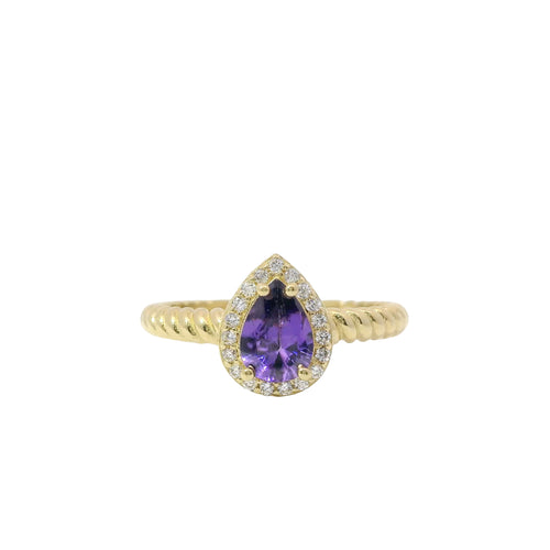 14KT Gold Ring Women's Purple Pear Shape Center CZ Stone White CZ Stones Border Plain Rope Band
