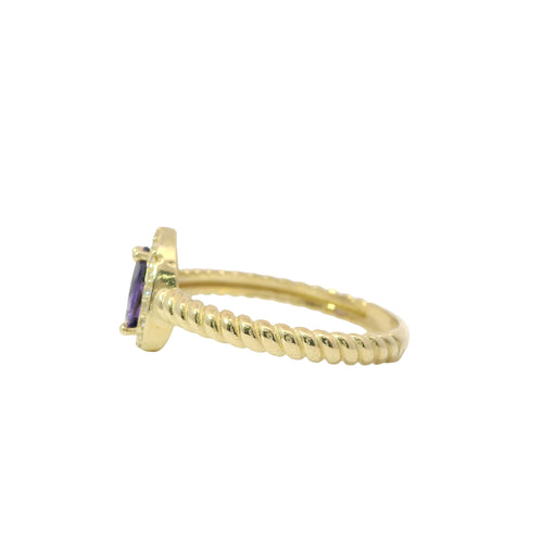 14KT Gold Ring Women's Purple Pear Shape Center CZ Stone White CZ Stones Border Plain Rope Band