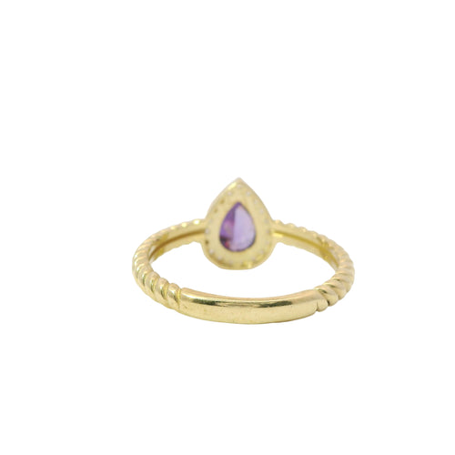 14KT Gold Ring Women's Purple Pear Shape Center CZ Stone White CZ Stones Border Plain Rope Band