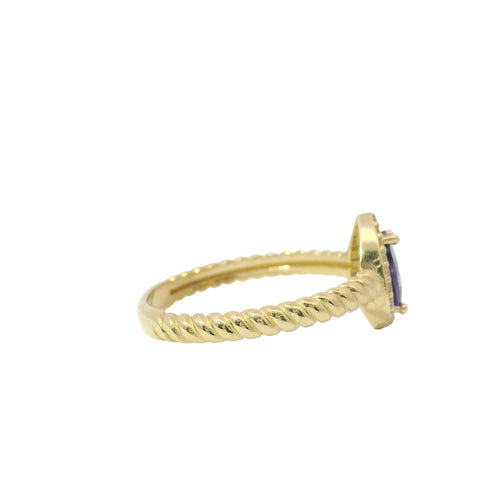 14KT Gold Ring Women's Purple Pear Shape Center CZ Stone White CZ Stones Border Plain Rope Band