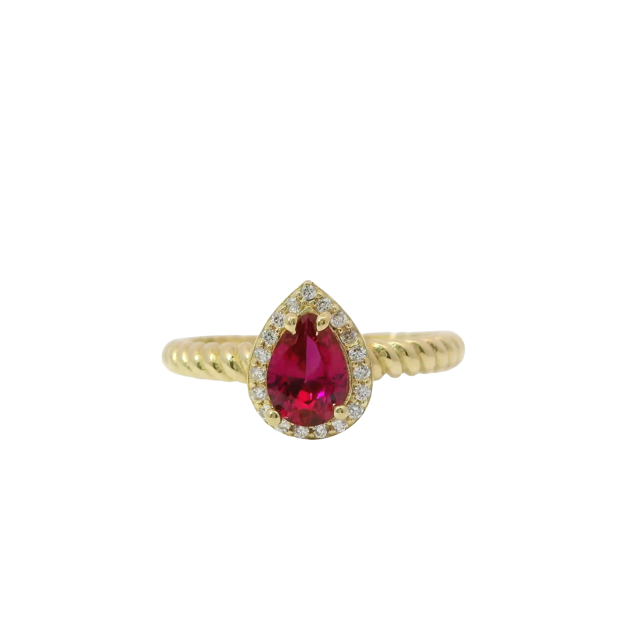 14KT Gold Ring Women's Red Pear Shape Center CZ Stone White CZ Stones Border Plain Rope Band