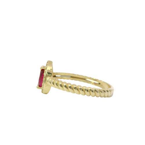 14KT Gold Ring Women's Red Pear Shape Center CZ Stone White CZ Stones Border Plain Rope Band