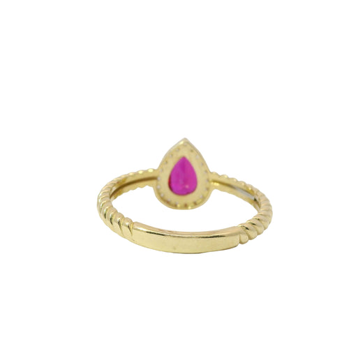 14KT Gold Ring Women's Red Pear Shape Center CZ Stone White CZ Stones Border Plain Rope Band