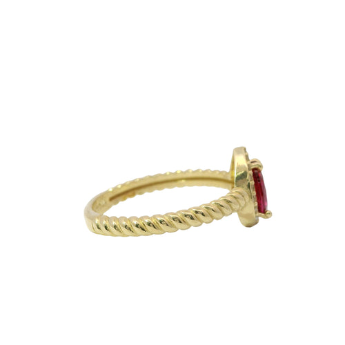 14KT Gold Ring Women's Red Pear Shape Center CZ Stone White CZ Stones Border Plain Rope Band