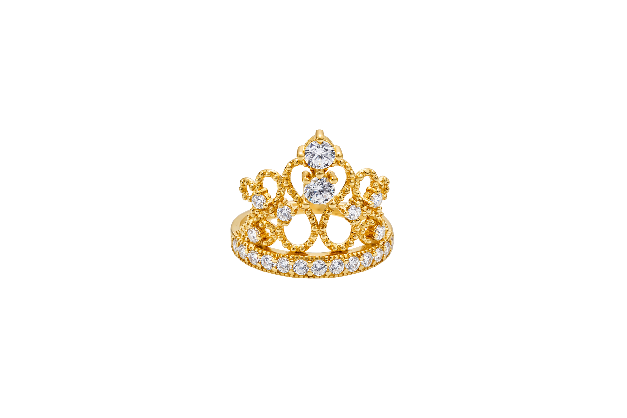 14KT Gold Ring Women's Quincenaera "15" Tall Infinity Loop Tiara 8 White CZ Stones with White CZ Stones Band
