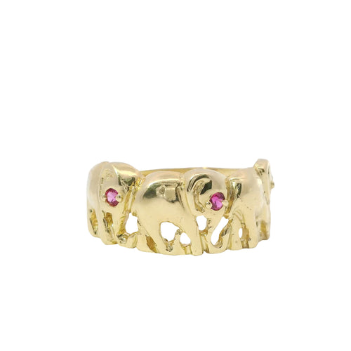 14KT Gold Ring Women's Three Right Facing Elephants Plain Band with Red Eyes
