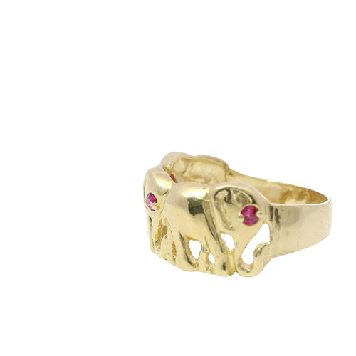 14KT Gold Ring Women's Three Right Facing Elephants Plain Band with Red Eyes