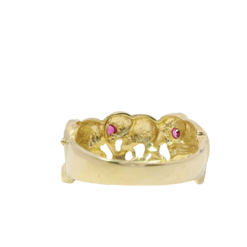 14KT Gold Ring Women's Three Right Facing Elephants Plain Band with Red Eyes