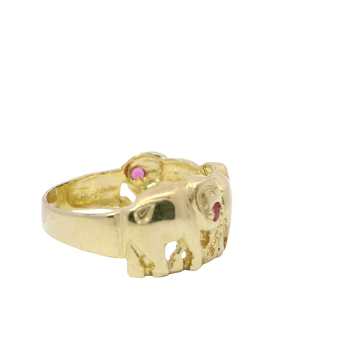 14KT Gold Ring Women's Three Right Facing Elephants Plain Band with Red Eyes