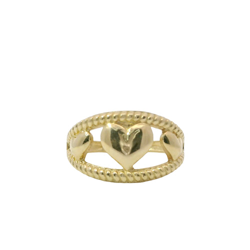 14KT Gold Ring Women's Three Triple Puff Hearts Between Split Ribbed Band