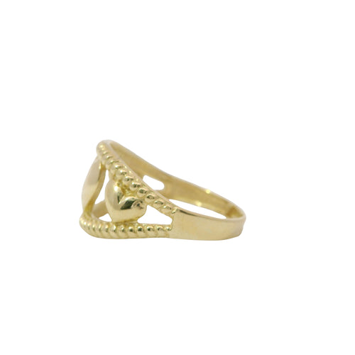 14KT Gold Ring Women's Three Triple Puff Hearts Between Split Ribbed Band