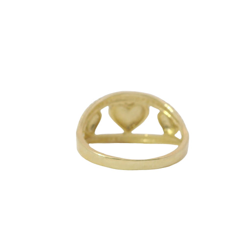 14KT Gold Ring Women's Three Triple Puff Hearts Between Split Ribbed Band