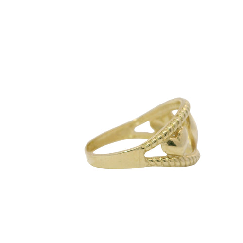 14KT Gold Ring Women's Three Triple Puff Hearts Between Split Ribbed Band