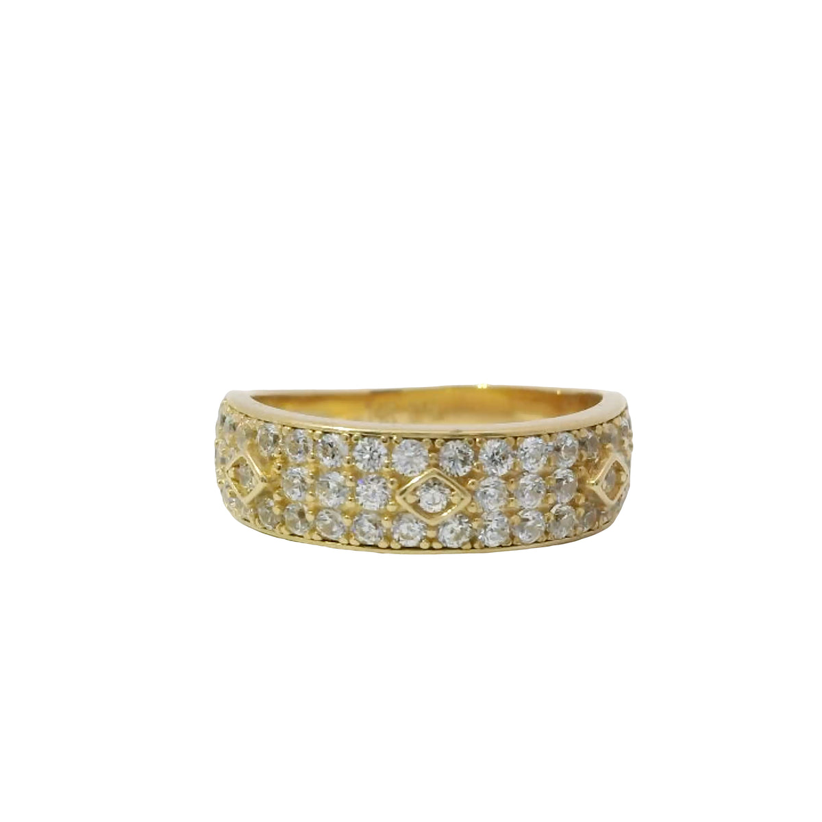 14KT Gold Ring Women's Triple Row of White CZ Stone Band with Three Raised Diamond Shapes Plain Border