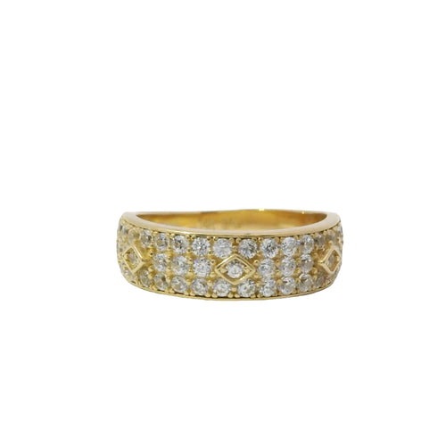 14KT Gold Ring Women's Triple Row of White CZ Stone Band with Three Raised Diamond Shapes Plain Border