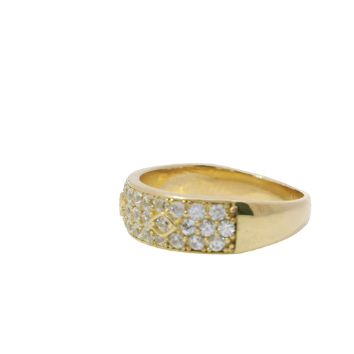 14KT Gold Ring Women's Triple Row of White CZ Stone Band with Three Raised Diamond Shapes Plain Border