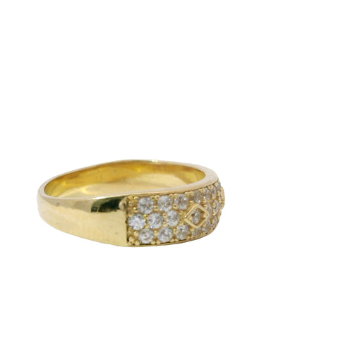 14KT Gold Ring Women's Triple Row of White CZ Stone Band with Three Raised Diamond Shapes Plain Border