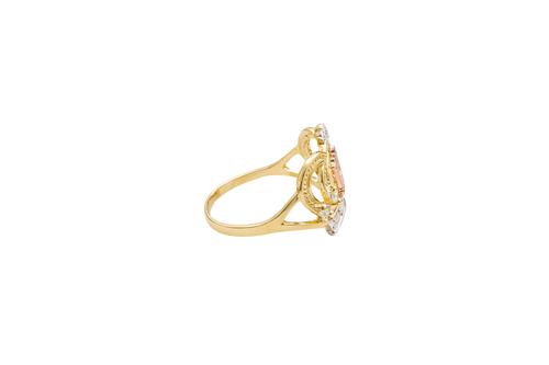 14KT Gold Ring Women's Tri Tone "15" Quinceanera Open Crown with Four White CZ Stones White Gold Band Plain Split Band