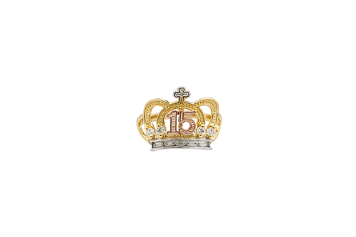 14KT Gold Ring Women's Tri Tone "15" Quinceanera Open Crown with Four White CZ Stones White Gold Band Plain Split Band