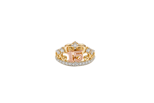 14KT Gold Ring Women's Tri Tone "15" Quinceanera Tiara with Five White CZ Stones White Gold Band Plain Band